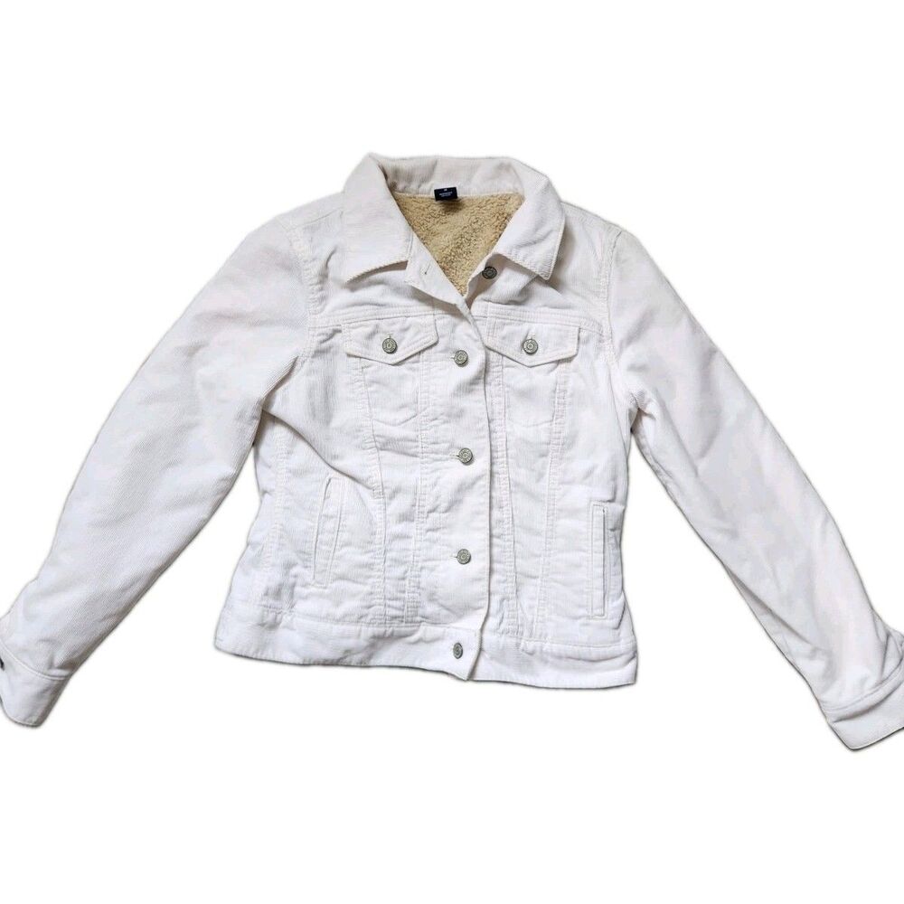 GAP Denim Sherpa Lined Corduroy Trucker Jacket White Button Front Womens M GUC